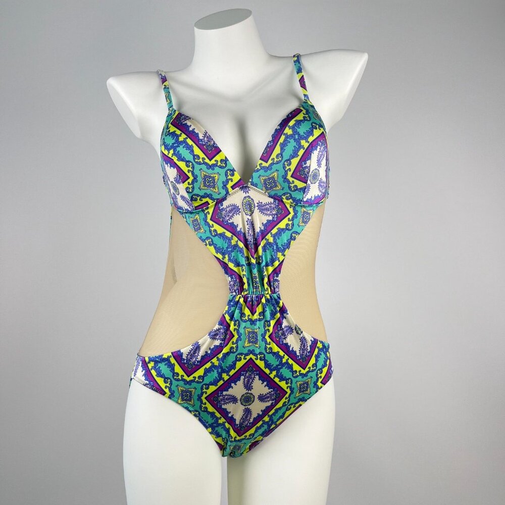 NWT ELLE 1PC Swimsuit Multicolor Floral Mesh Swimwear Size M